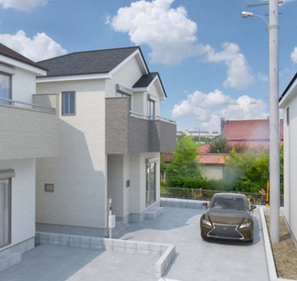 【外観パース】 | E号棟　本パースは、イメージ図につき、風景、建物、植栽などについては施工後の現物との差異が生じます
つきまして本パースによって生じたいかなる損害については一切責任を負いません