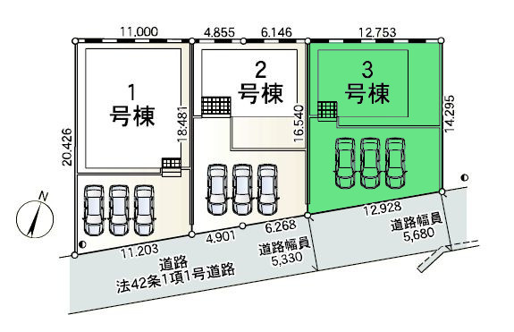 【区画図】 | クレイドルガーデン前橋市粕川町新屋第2ー③ | カースペースは並列3台駐車可能！