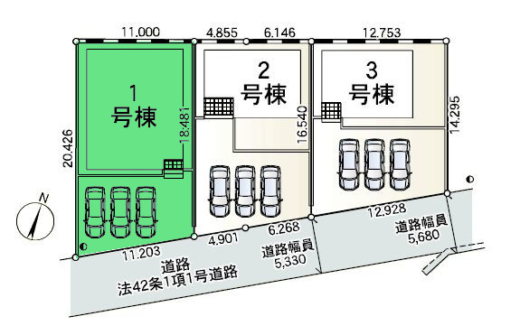 【区画図】 | クレイドルガーデン前橋市粕川町新屋第2ー① | カースペースは並列3台駐車可能！