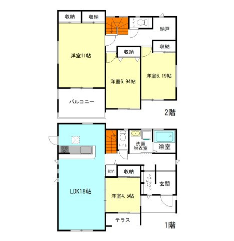 【間取り】 | フォーセール高崎市第2倉賀野町ー① | 全居室南向き＋2階6帖以上ののびのび間取り！
シューズインクロークや納戸スペース完備！