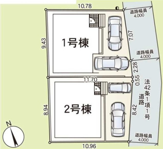【区画図】 | 平塚市四之宮7丁目  1号棟 第27 | ※2号棟成約済　1号棟　東側約4ｍ公道　駐車2台（車種によります）　敷地面積31.9坪