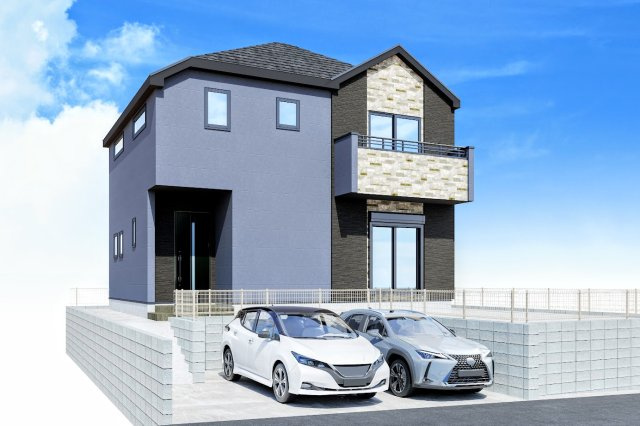 戸塚区南舞岡4丁目　新築戸建ての外観パース|◆堂々たる趣ながら、主張し過ぎずどこか余裕を感じさせるシャープなフォルムで佇む邸宅は、晴天の空と照らし合わせる事で、本来あるべき完成形の姿を見せてくれます。
