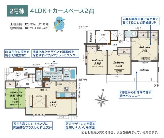【間取り】 | 全室南向き！どの部屋にいても陽光が降り注ぐ明るい室内◎　　　
2部屋から行き来できて家事動線良好な続きバルコニー！