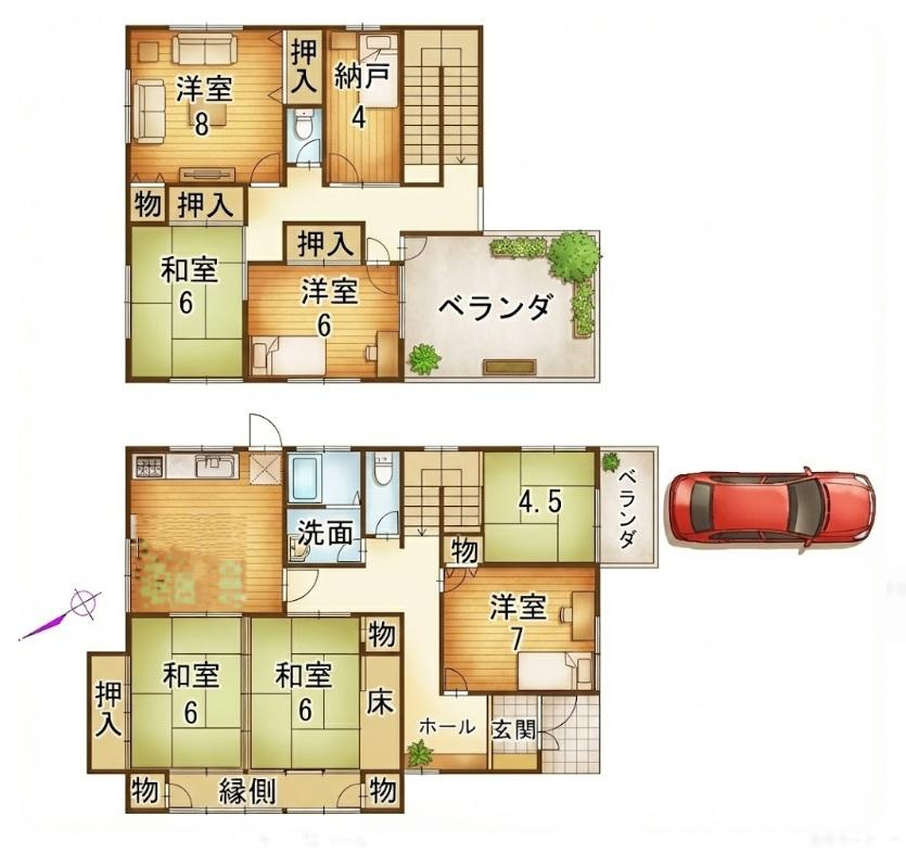 泉南市新家サングリーン中古戸建の間取り|土地86.07坪　建物49.56坪　S59年５月築　BOX車庫ガレージ付き（家具はつきません）