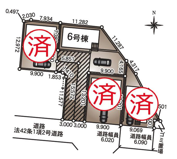【区画図】 | 結城市結城第43　新築戸建　6号棟 | 前面道路幅6ｍ☆車の出入りもラクラクできちゃいます(^^♪
（6号棟）