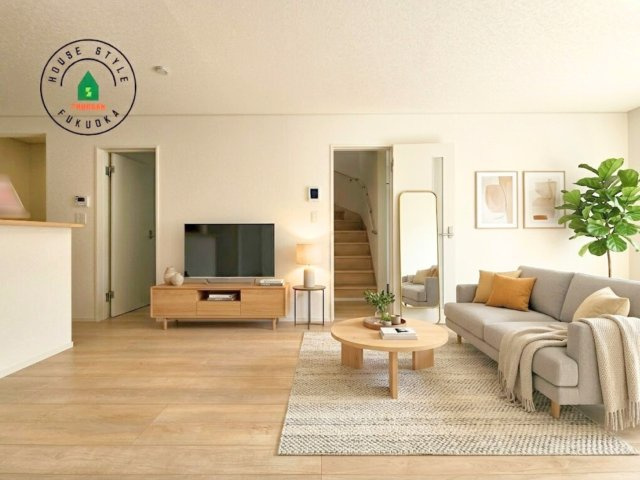 糟屋郡新宮町緑ヶ浜2丁目第2-2棟（2号棟）の内観：施工例|明るく開放的なリビングダイニングは豊かな陽光が注ぎ込み、やすらぎの空間を演出してくれます。ご家族で楽しいひとときをお過ごし下さい。※家具はCGを合成したものです。