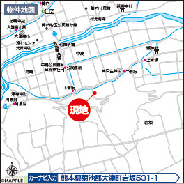 仲介手数料不要　ハートフルタウン大津町岩坂530番【大津南小・大津中】の地図|カーナビ➡菊池郡大津町岩坂531‐1