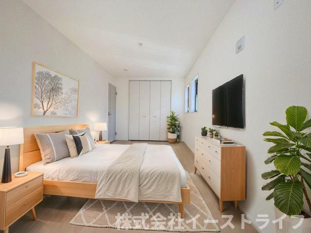 【新築戸建】　いわき市勿来町関田西2丁目1期　全2棟　長期優良住宅の寝室|2号棟の寝室に家具を配置したイメージ画像です
※本画像はCGで作成しており、実際に現地に 家具は置かれておりません。また、価格に 家具は含まれておりません。
