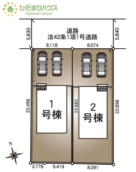 【区画図】 | 結城市結城第40　新築戸建　1号棟 | 急な来客時にも安心な、並列駐車2台まで可能です(^^♪
（1号棟）