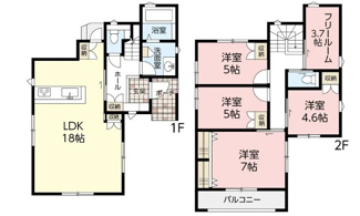 【間取り】 | 廿日市市地御前2丁目（地御前駅徒歩4分！）【築後未入居】 | 18帖リビング☆２階4部屋☆ファミリータイプ4LDK☆各居室に収納☆フリールーム