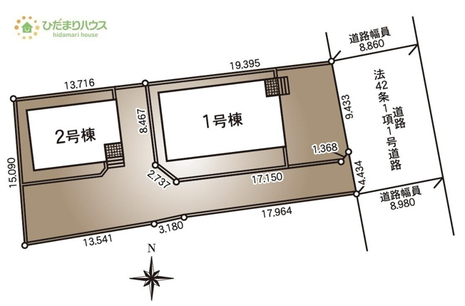 【区画図】 | 筑西市井上第1　新築戸建　2号棟 | 前面道路幅6ｍ以上☆車の出入りもラクラクできちゃいます(^^♪
（2号棟）