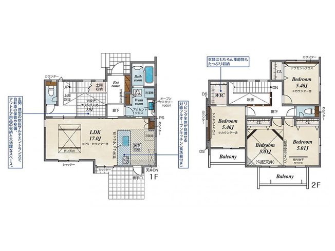 【間取り】 | ふじみ野市大井中央1丁目　新築一戸建住宅　全55棟　(ふじみ野店) | 玄関には3帖のマルチエントランスがあり、自転車やベビーカー等の室内保管にも活躍。
上部の吹抜で開放的な玄関へと演出します。