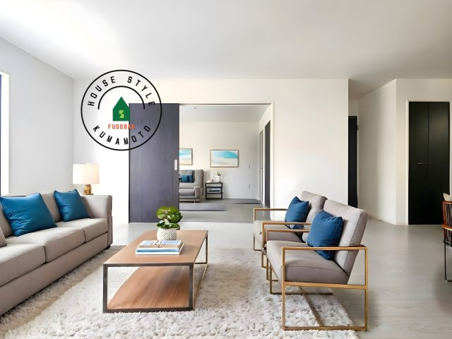 菊池郡大津町大字大津第8-3棟（2号棟）　の内観：施工例|明るく開放的なリビングダイニングは豊かな陽光が注ぎ込み、やすらぎの空間を演出してくれます。ご家族で楽しいひとときをお過ごし下さい。※家具はCGを合成したものです。