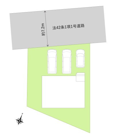 入間郡三芳町大字竹間沢の新築一戸建の区画図|カースペースは並列3台駐車可能(車種による)。56坪の広い敷地、前面道路も幅員7.2mあり開放感ある立地です。
