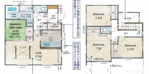 平塚市達上ヶ丘　新築戸建　全2棟の間取り|南向き　４LDKです。
