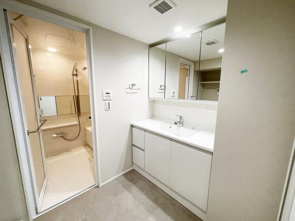 グランフォルム藤が丘の独立洗面台|十分な大きさの洗面台は収納力大。身だしなみチェックや歯磨きなど、朝の慌ただしい時間でも余裕とゆとりを感じられます♪
