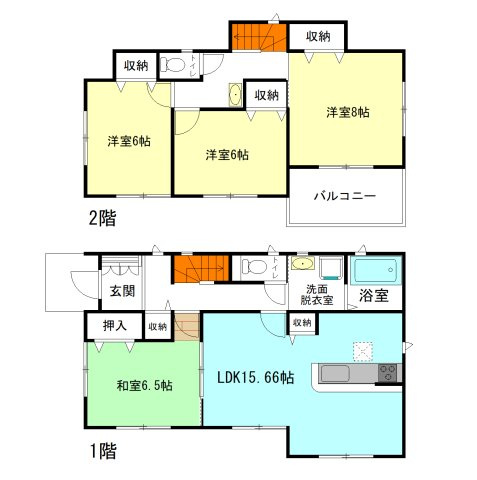 【間取り】 | いろどりアイタウン高崎市岩鼻町25-P1ー① | 全居室南向き＋6帖以上ののびのび間取り！
水回りを最短距離で結んだラクラク家事同線！
2階ホールにも洗面台付き！