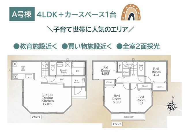 【間取り】 | 室内はインテリアに統一感を生みやすい全フローリングの間取り◎
収納が備わった使い勝手良好のプライベートルームは2階に4部屋。