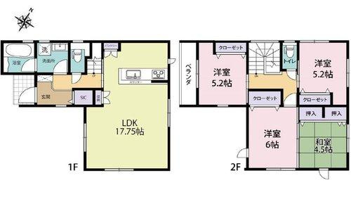 安佐南区八木9丁目の間取り|2590万円、4LDK、土地面積99.25m2、建物面積96.05m2、並列2台駐車可能