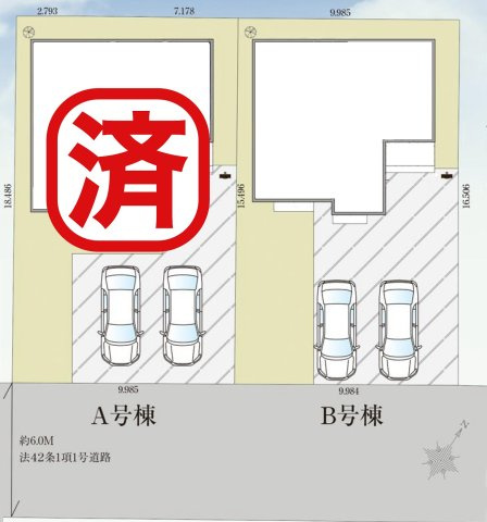 吉川市中曽根1丁目　新築戸建　全2棟　2号棟の区画図|カースペース並列2台可能
