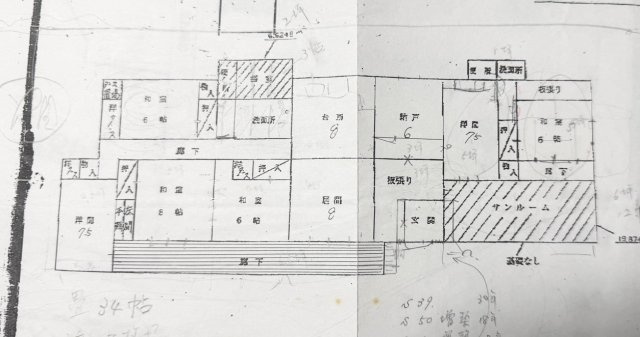 壮大な土地にそびえたつ平屋、大型車庫、作業場もの間取り