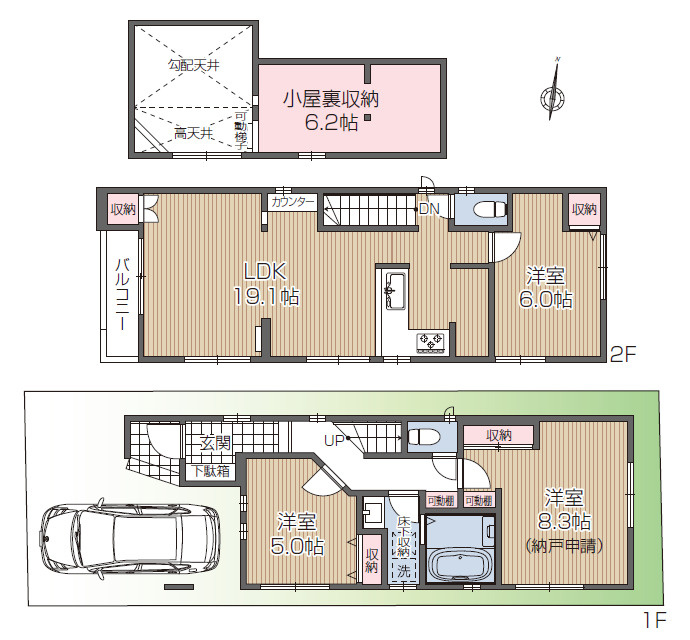 中野区鷺宮4丁目　省エネデザイン邸宅　角地含む全5棟の間取り|A号棟　2LDK+S+小屋裏収納　土地面積76.15ｍ2　建物面積93.95ｍ2