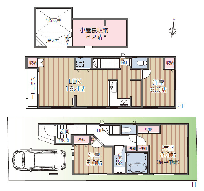 中野区鷺宮4丁目　省エネデザイン邸宅　角地含む全5棟の間取り|B号棟　2LDK+S+小屋裏収納　土地面積76.13ｍ2　建物面積93.95ｍ2