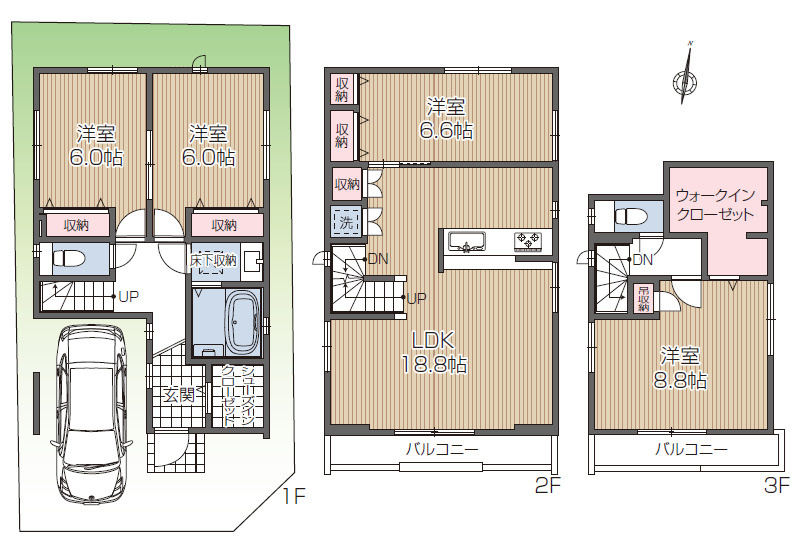 中野区鷺宮4丁目　省エネデザイン邸宅　角地含む全5棟の間取り|E号棟　4LDK+WIC　土地面積77.64ｍ2　建物面積121.97ｍ2