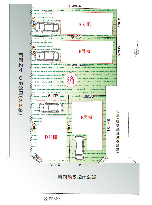 中野区鷺宮4丁目　省エネデザイン邸宅　角地含む全5棟の区画図