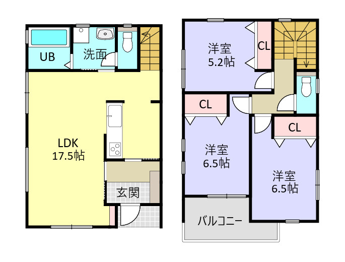 西陵2丁目　新築戸建ての間取り|玄関からキッチンへの導線が魅力。バルコニーや各居室などゆとりのある間取りとなっています。
