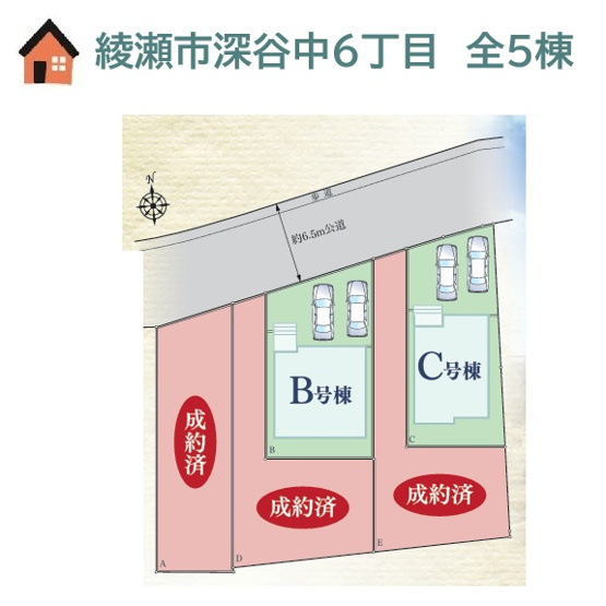 【区画図】 | ご好評につき残り2棟！前面道路：北側6.5ｍに接道し、お車の出し入れもスムーズ♪
スーパー・コンビニ・教育施設徒歩圏内！