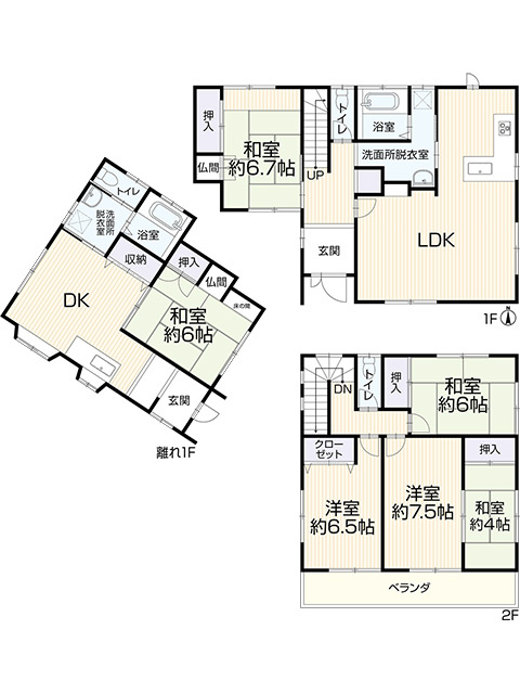 【今からご案内可能】東海市加木屋町東大堀　中古戸建ての間取り|5LDK＋1DK(離れ1階)
土地面積
239.01m2（72.3坪）
建物面積
118.40m2（35.81坪）