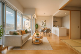 【居間・リビング】 | なかもずアイランズ | リビングに和室もあり、落ち着いた空間
（バーチャルステージング）