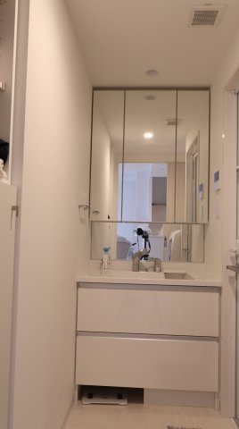 アルファステイツ米原の独立洗面台|三面鏡の裏には小物を入れるのに便利な収納があります！