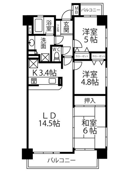 【間取り】 | アンピール長住 | 採光面が多く明るい3LDKです。２面バルコニー付きで室内からの眺望も良好です