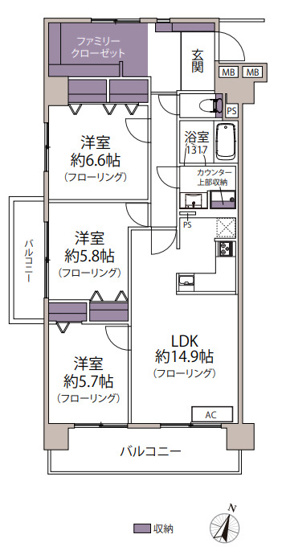 【間取り】 | オリエントハイツ篠栗 | ２面バルコニー付きで室内は明るく風通しも良好です。ペットOKなのでお探しの方におススメです