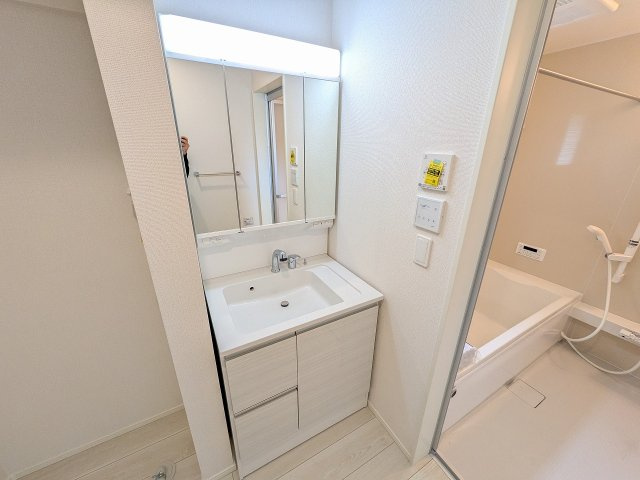 八王子市　館町　新築一戸建て　２４ー１期の独立洗面台|～３面鏡付きの独立洗面台　細々している物をスッキリ収納出来ます～