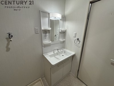 アメニティ収納棚ありの独立洗面台です