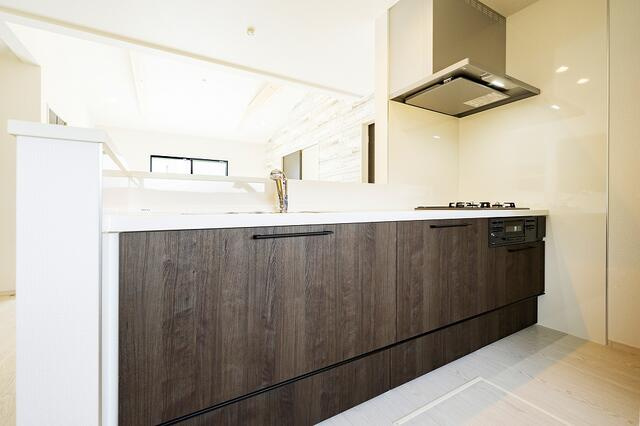 久留米市北野町　新築戸建のキッチン|収納スペース・作業スペースが広いシステムキッチン