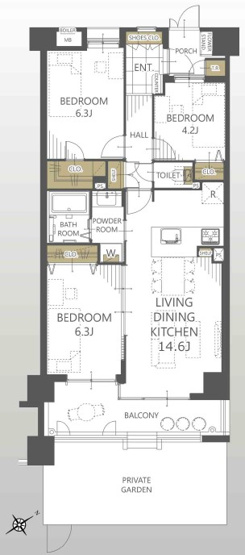 専有面積　70.34㎡　3LDK　専用庭付