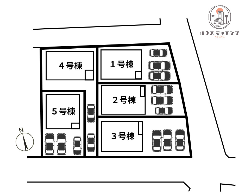 クレイドルガーデン糸満市大度 第1・４号棟の区画図|接道状況：北側3.6ｍ～3.8ｍ・東側5.1ｍ～7.0ｍ公道・南側4.9ｍ～5.3ｍ公道