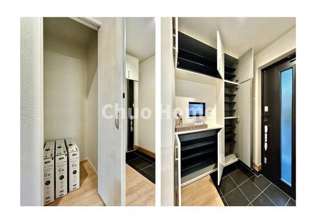 葛飾区東水元5丁目新築分譲住宅の玄関|【玄関】玄関には大型のシューズクローゼットを設置しておりますのでいつでもスッキリりとした空間を保てます。玄関周りを清潔に使うのはとても大事なことですよね。