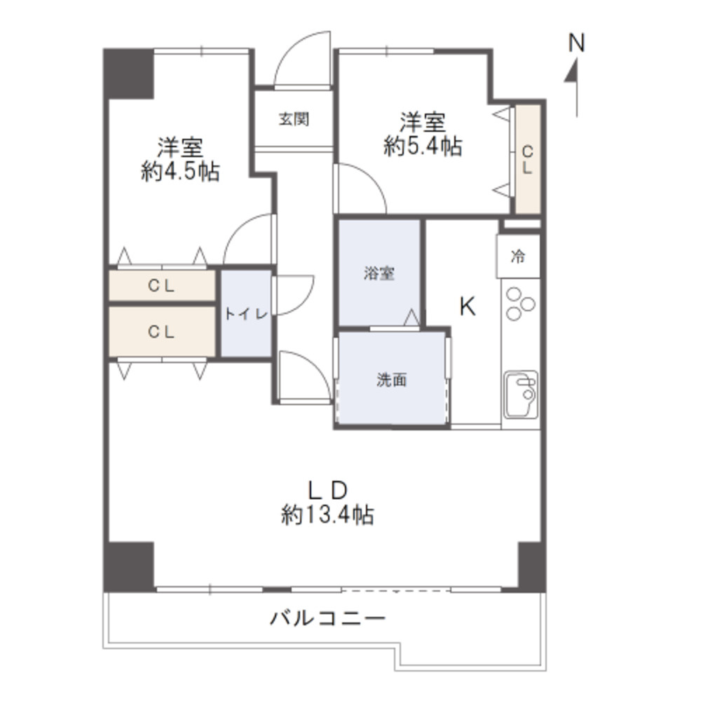 サーパス西古松Iの間取り|2LDK、専有面積60.91㎡、バルコニー面積13.18㎡になります。