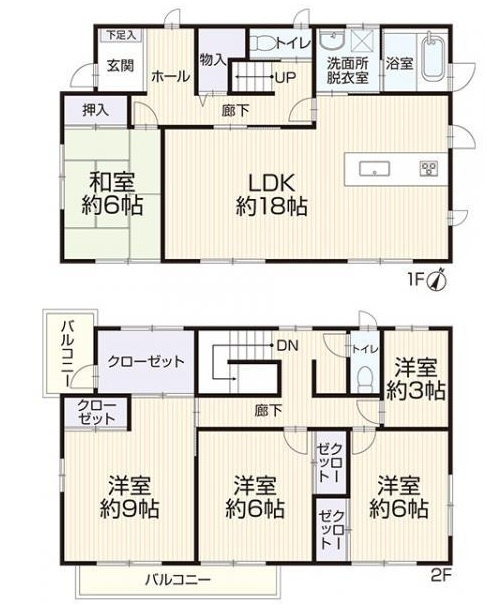 ミサワホーム施工　多度津町　全室南向き５LDKの間取り|１階：LDK約18帖・和室約6帖　２階：洋室約３帖・６帖・６帖・９帖
