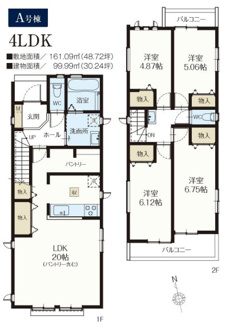 【間取り】 | 【仲介手数料無料！！】川崎市麻生区片平1丁目　新築戸建て（全2棟）A号棟　6790万円 | A号棟　4LDK車庫並列2台　土地／161.09㎡（48.72坪）建物・99.99㎡
