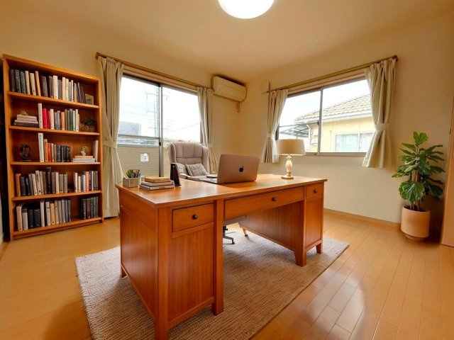 大津市松が丘5丁目　中古戸建の洋室|南向きの明るい8帖洋室。
※本画像はAI加工により家具を配置したイメージ写真です。実際の状態とは異なります。