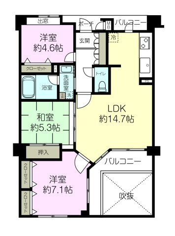 ワコーレ岡本三丁目の間取り|3LDK、専有面積70.28㎡、バルコニー面積2.15㎡