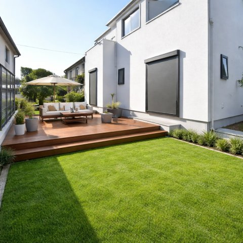 蓮田椿山第1期　全1棟の庭|広いお庭は第二のリビング。ウッドデッキや芝生でBBQも水遊びもOK、週末が家で完結。家庭菜園もできて、子どもの“外遊び”が毎日そばにある暮らし。季節の行事が映える余白。外時間が増える庭です。