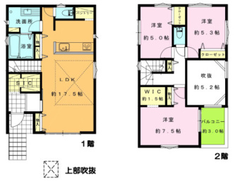LDK17.5帖（１階）　洋室５帖・洋室５.３帖　洋室７.５帖