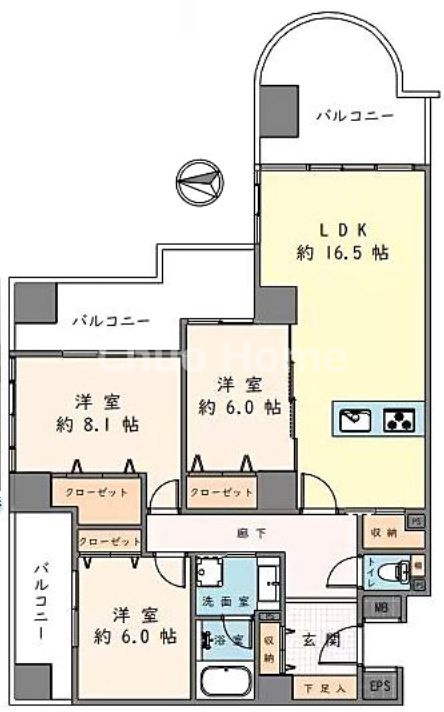 シテヌーブ北千住30Aの間取り|全室6帖以上の3LDK・9階部分・角部屋につきまして日当たり・通風・眺望良好